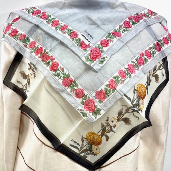 New Set of 2 RENOMA Paris Handkerchief , coton 17" Gray Beige Pink  Floral (35) - Picture 2 of 7